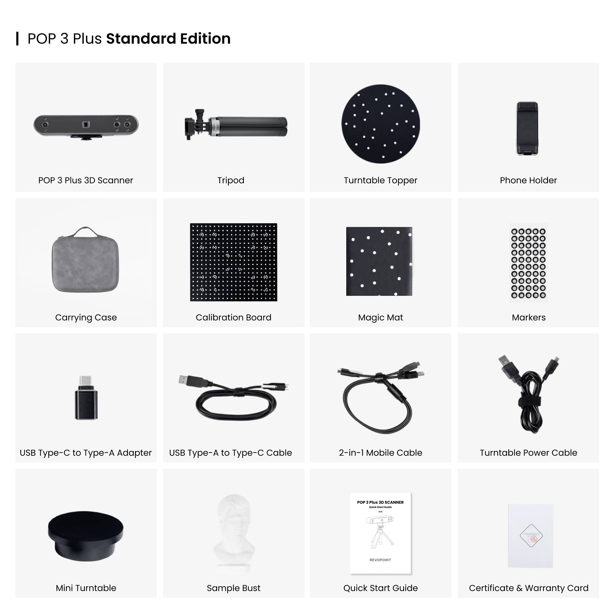 Sada 'POP 3 Plus Standard Edition' obsahující 3D skener, stativ, nástavec otočného stolu, držák telefonu, kalibrační desku, podložku pro magické efekty a příslušenství.