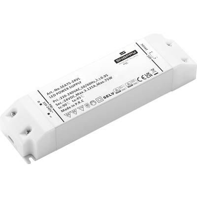 Obdélníkový LED napájecí zdroj s technickými specifikacemi, vhodný pro 75W. Obsahuje certifikace a informace o výrobci na horní straně.