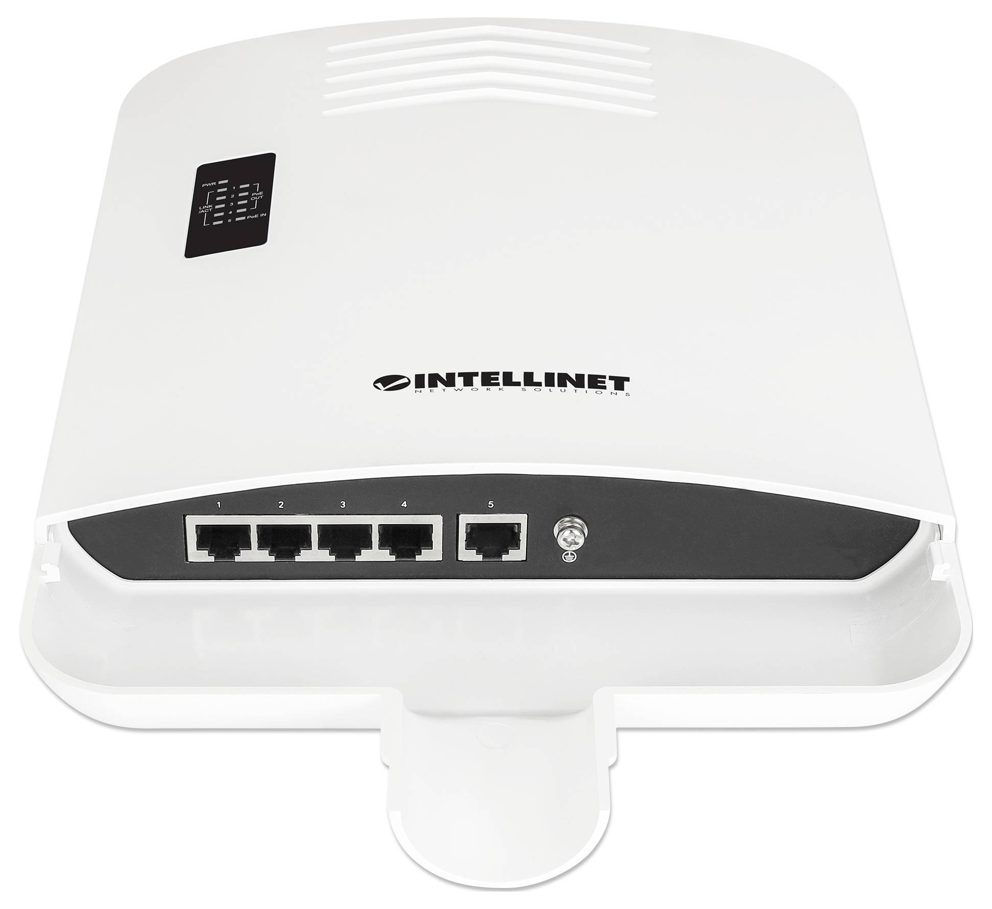 Bílá síťová kamera Intellinet s pěti ethernetovými porty a nastavitelným držákem, vhodná pro montáž ve vnitřních prostorách.