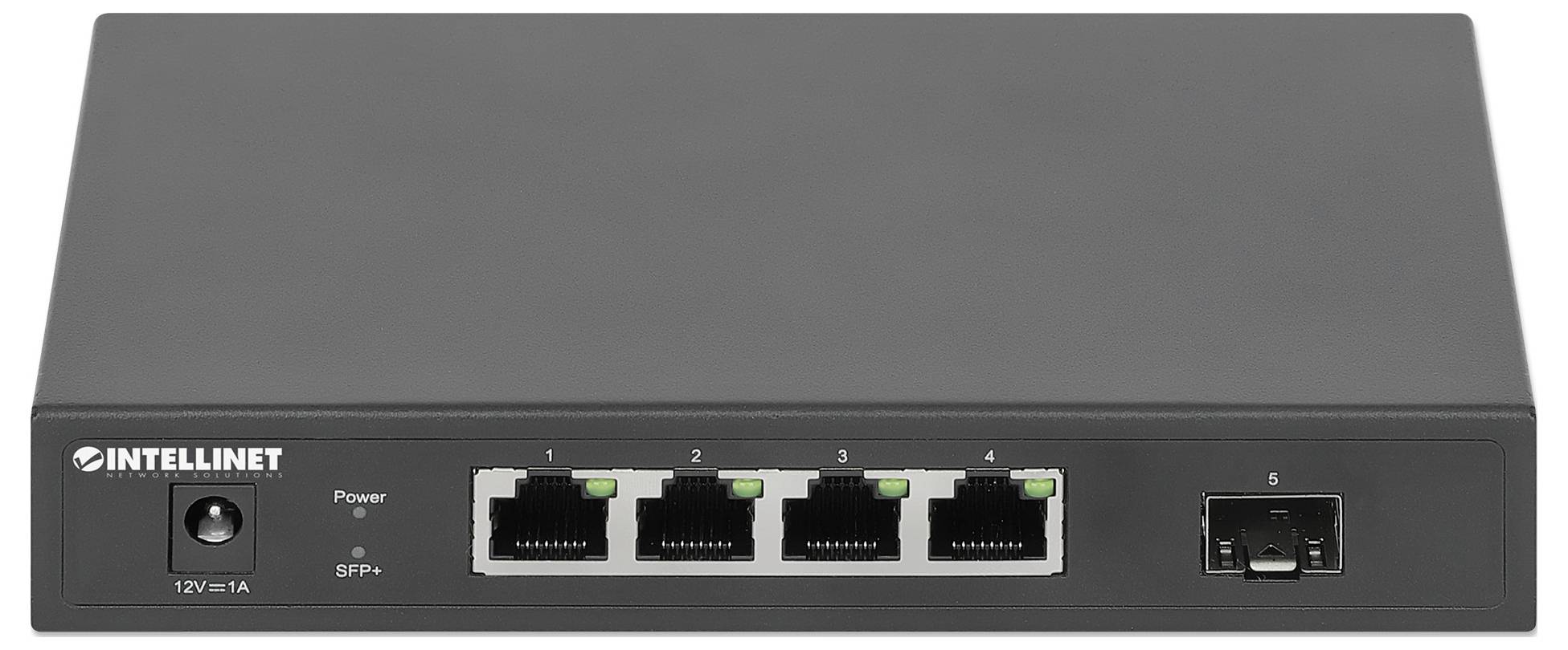 Síťový switch Intellinet se čtyřmi ethernetovými porty a jedním SFP portem, pohled zepředu s indikátorem napájení LED a SFP slotem.