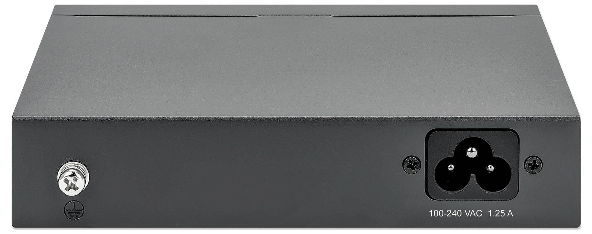 Černé elektronické zařízení s napájecím konektorem. Nápis vedle konektoru: '100-240 VAC 1,25 A'.