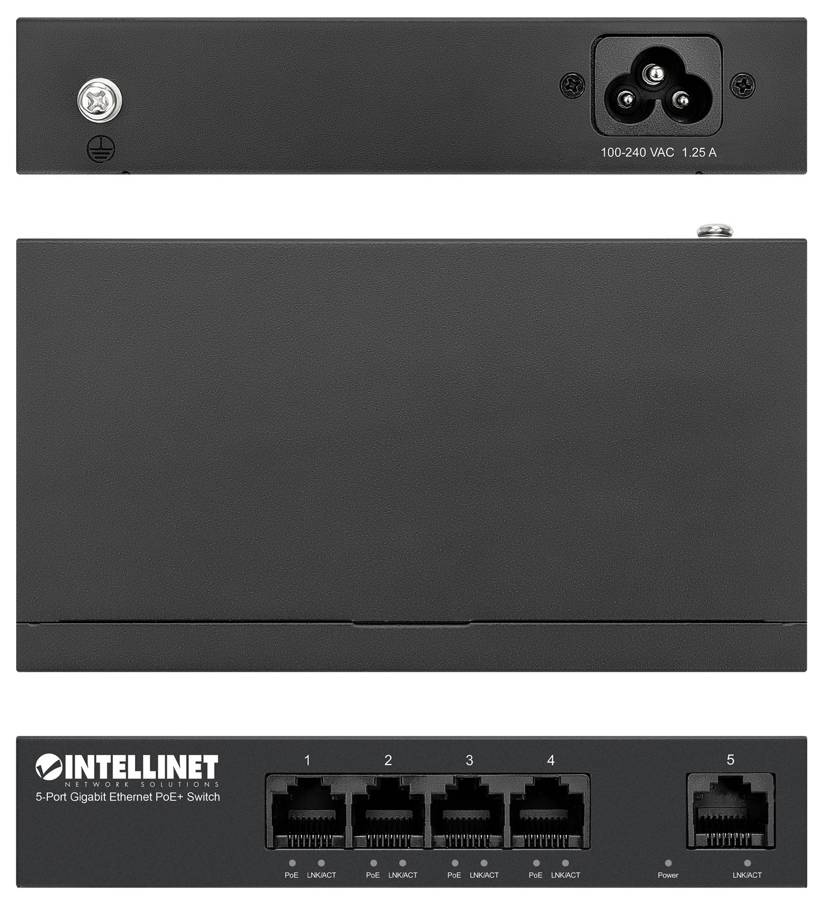 Intellinet 5portový gigabitový ethernetový PoE+ switch s pěti síťovými porty na přední straně a napájením vzadu.