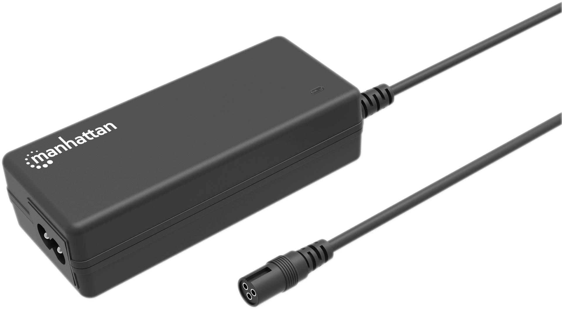 Černý napájecí kabel s třípólovým konektorem a viditelným logem značky 'Manhattan'.