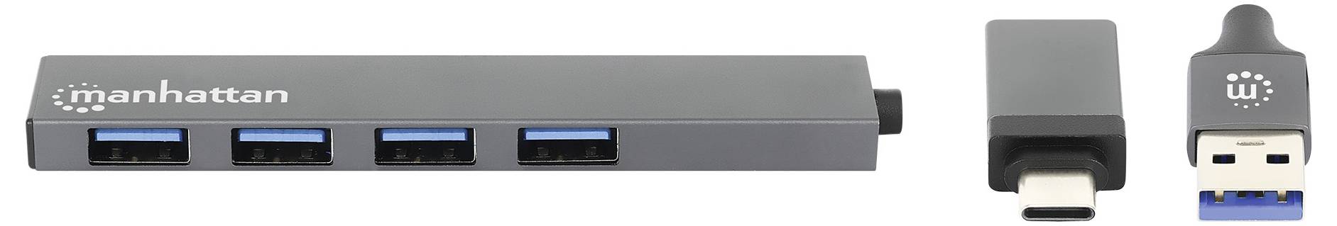 Externí USB hub od Manhattanu se čtyřmi USB porty, USB-C kabelem a odpojitelným USB-A adaptérem, šedý.