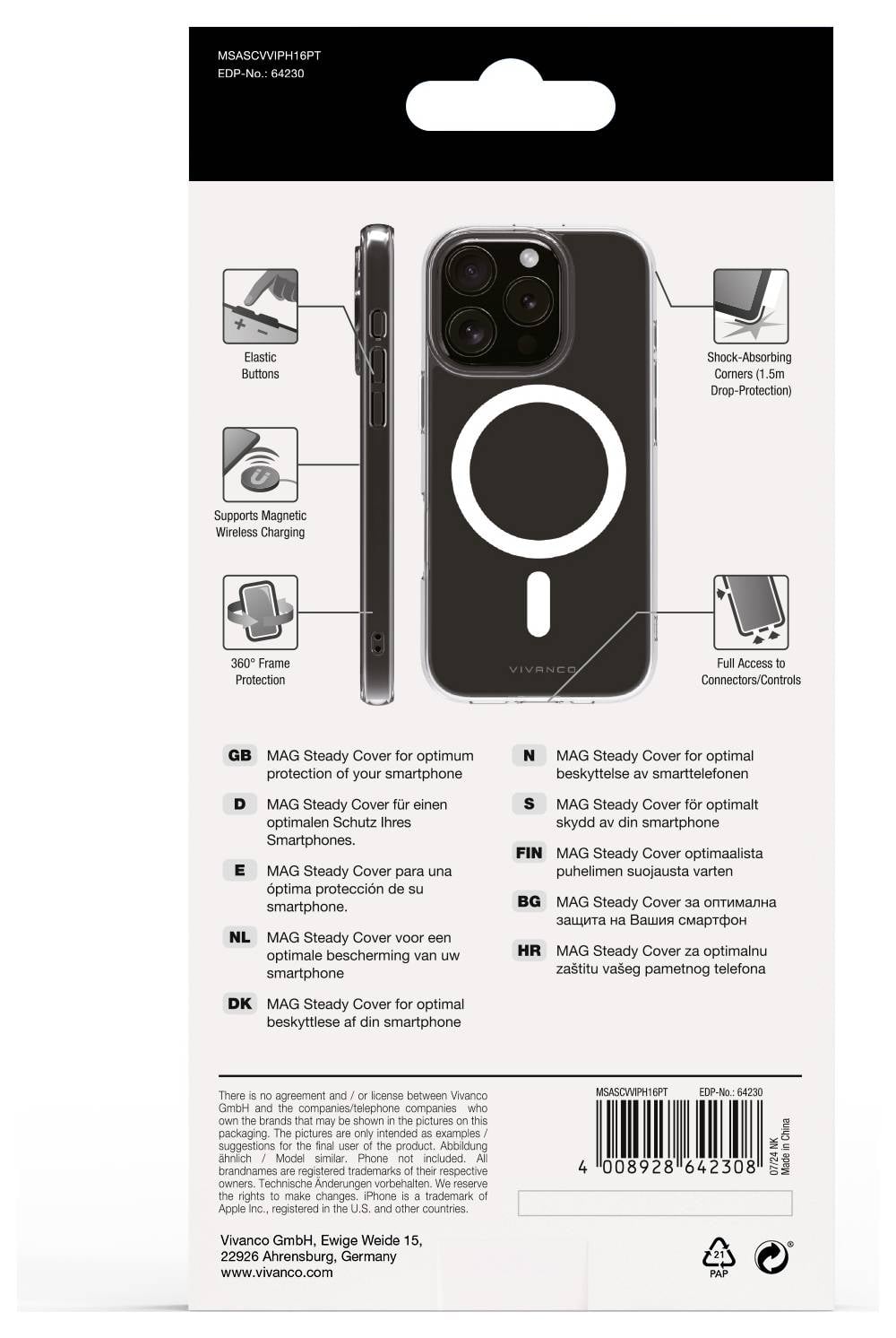 Zadní strana obalu smartphonového krytu. Zobrazuje design krytu, průhled na kameru, kompatibilitu s MagSafe a manipulaci v několika jazycích.