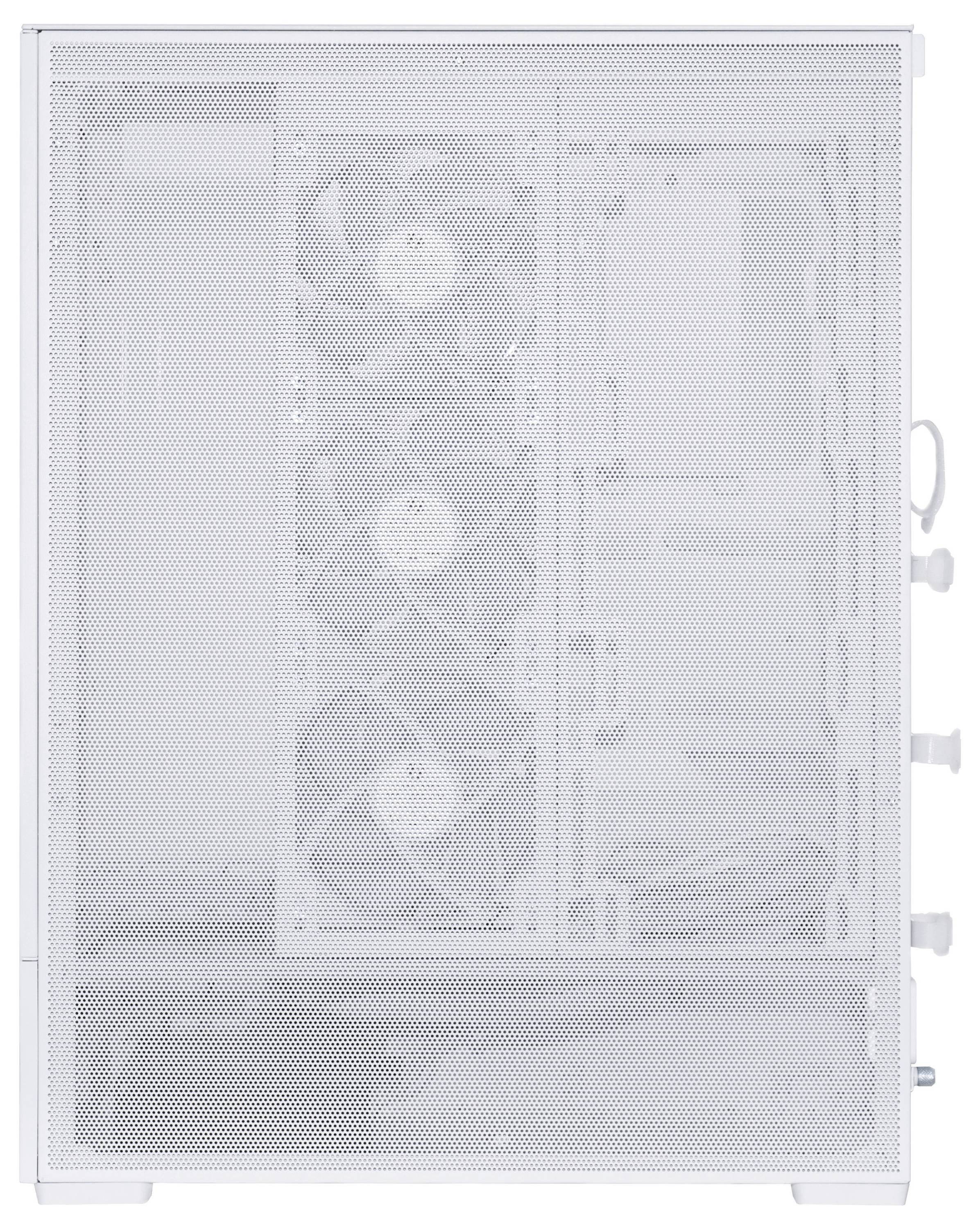 Tento obrázek ukazuje počítačovou skříň s viditelnými ventilátory a vnitřními komponenty. Přední strana je charakteristická mřížovaným designem.