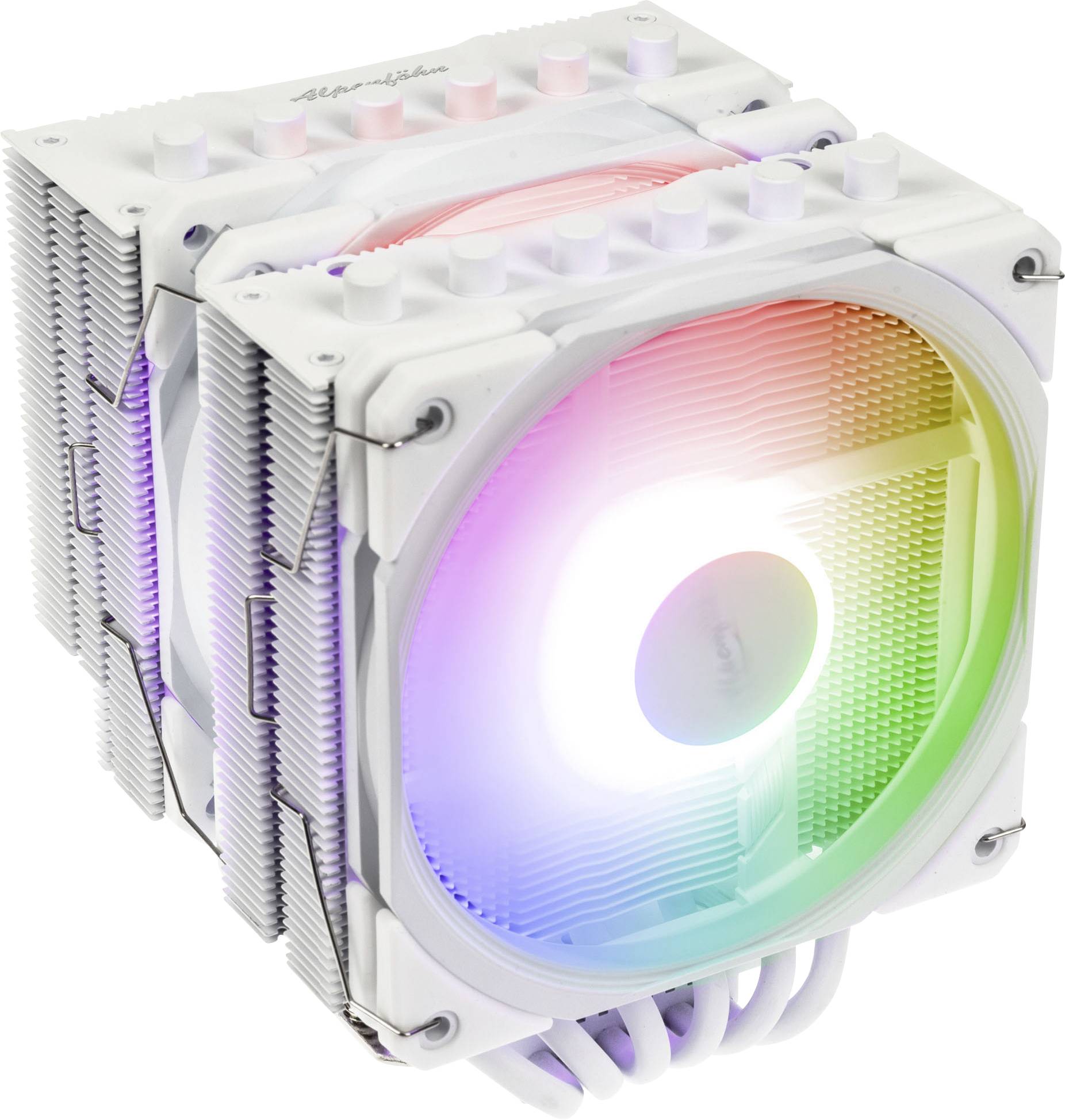 Bílý chladič procesoru s dvojitými chladiči a ventilátorem, osvětlený gradientem RGB světel, navržený pro tepelné řízení počítače.