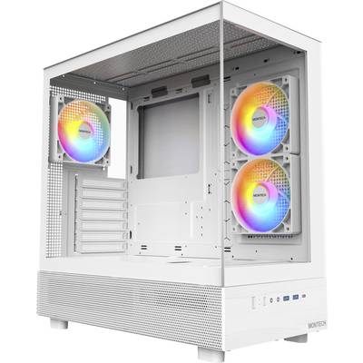 Bílý počítačový kryt s třemi zářícími, barevnými ventilátory. Kryt nabízí prostor pro komponenty a má USB porty na přední straně.