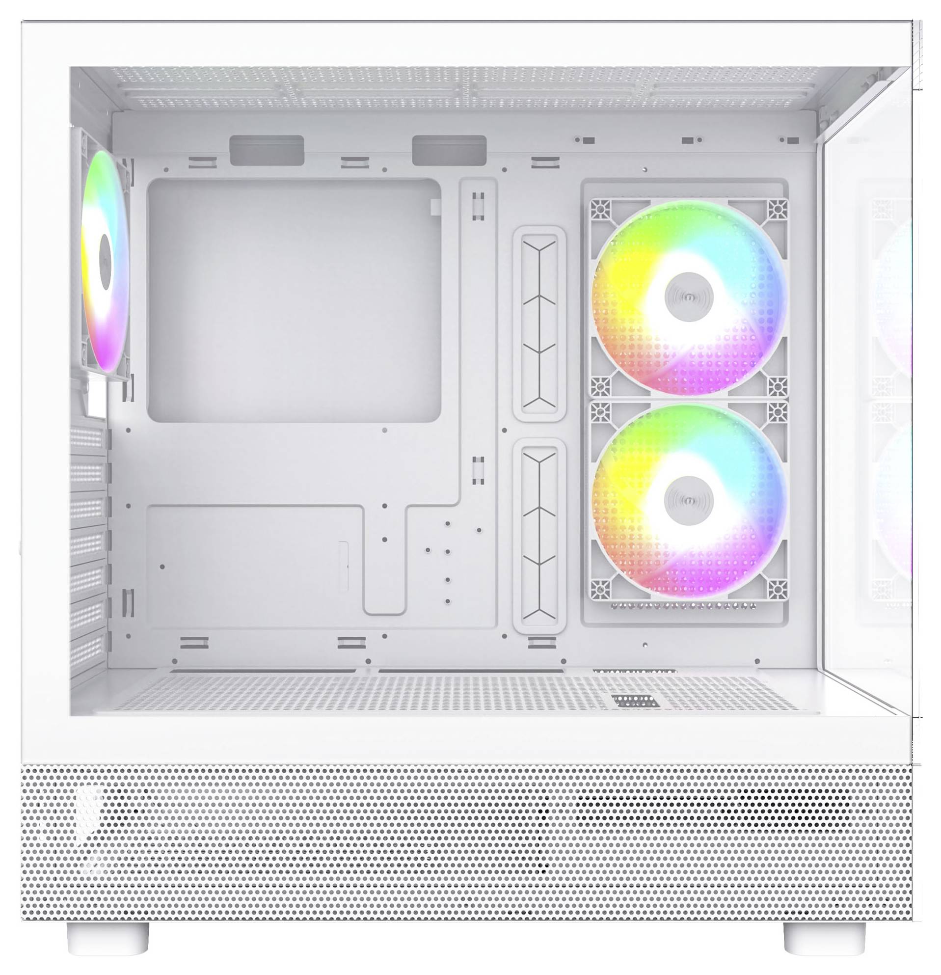Bílá vnitřní strana PC skříně se třemi LED osvětlenými ventilátory v duhových barvách, dva vpředu a jeden vzadu.