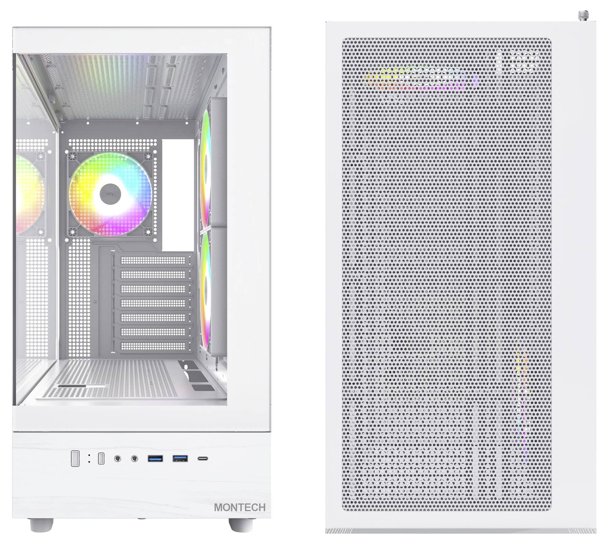 'Bílý PC kryt s RGB ventilátory; pohled zepředu ukazuje perforovanou mřížku, boční pohled odhaluje vnitřně osvětlené ventilátory a počítačové sloty.'