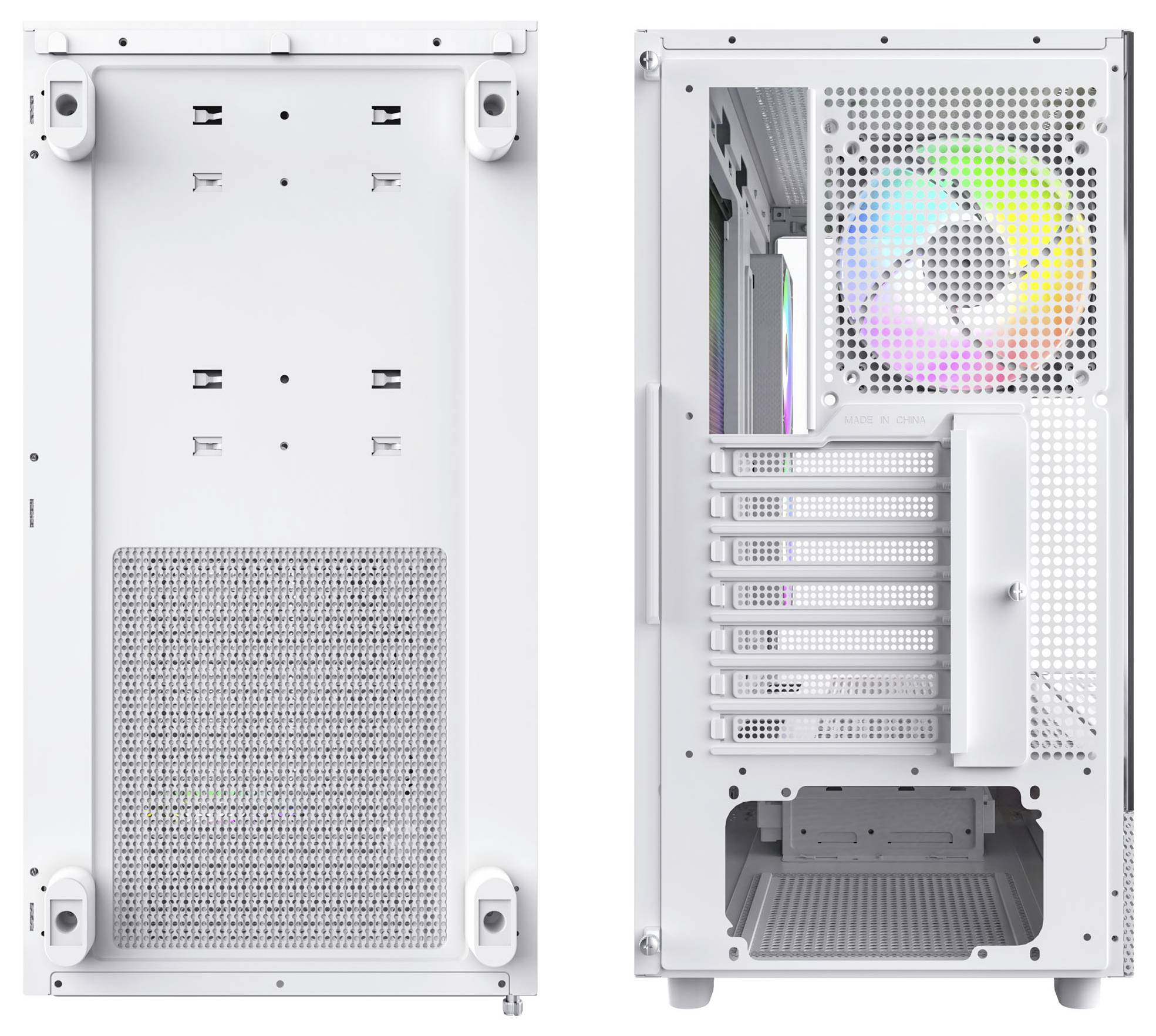 Dva pohledy na bílou počítačovou skříň: vlevo spodní strana s větracími otvory, vpravo zadní strana s RGB ventilátorem.