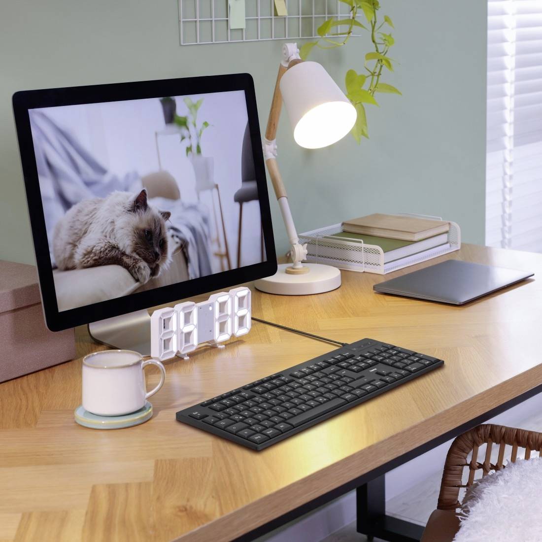 Počítačový monitor zobrazuje obrázek spící kočky. Na psacím stole se nachází lampa, digitální displej, šálek a laptop.