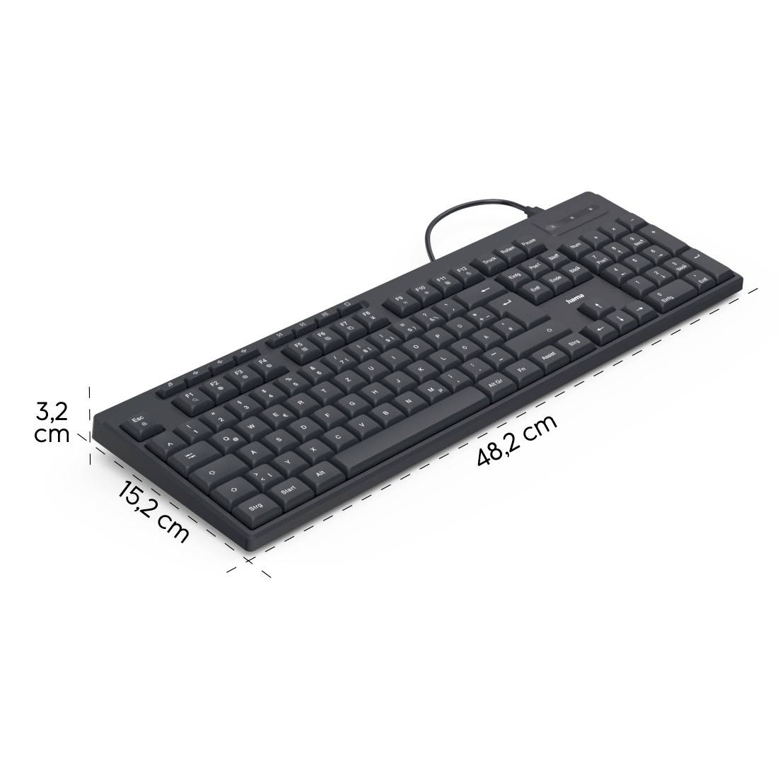 Černá kabelová klávesnice QWERTZ, rozměry: 48,2 cm délka, 15,2 cm šířka, 3,2 cm výška.