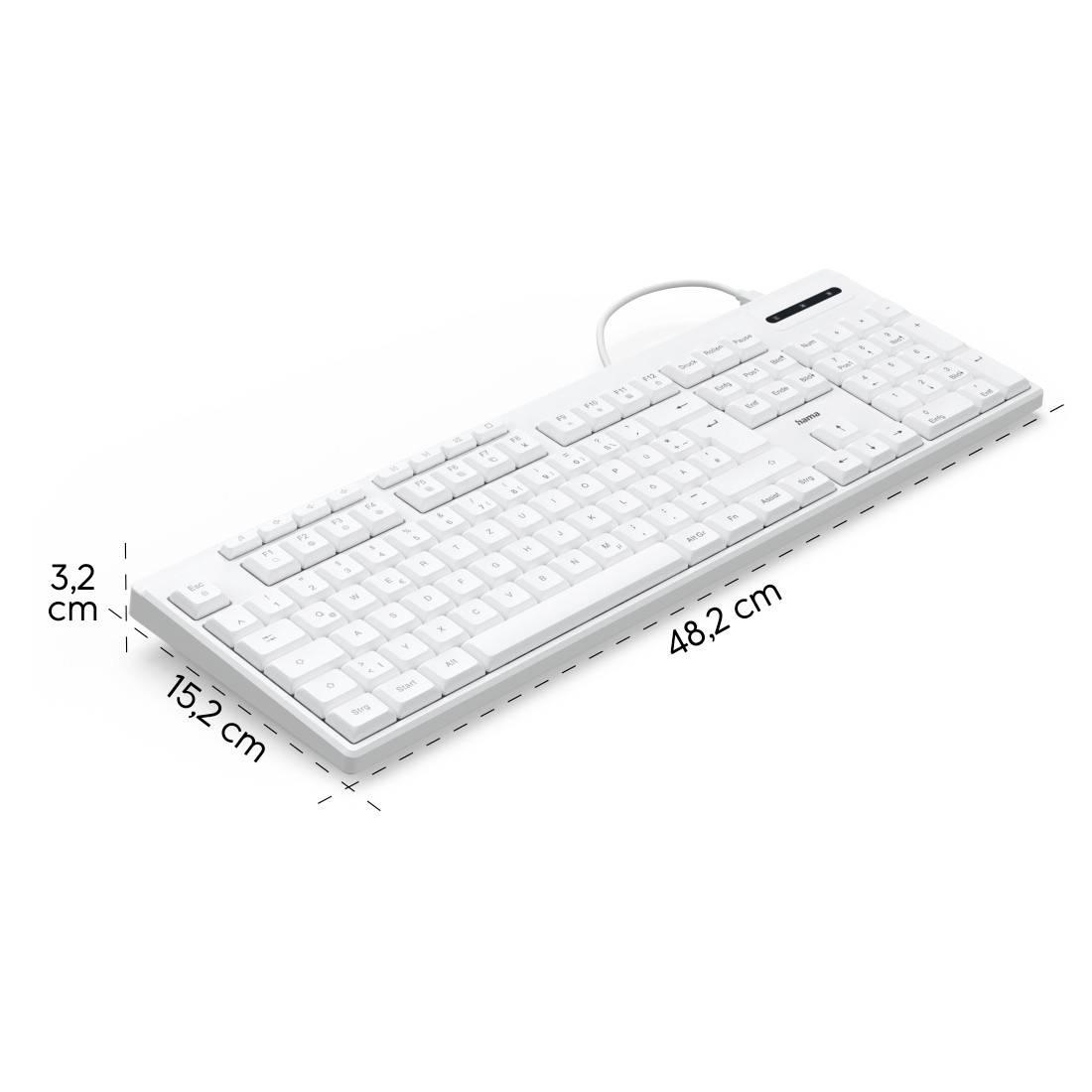Bílá počítačová klávesnice s kabelem. Rozměry: šířka 15,2 cm, délka 48,2 cm, výška 3,2 cm.