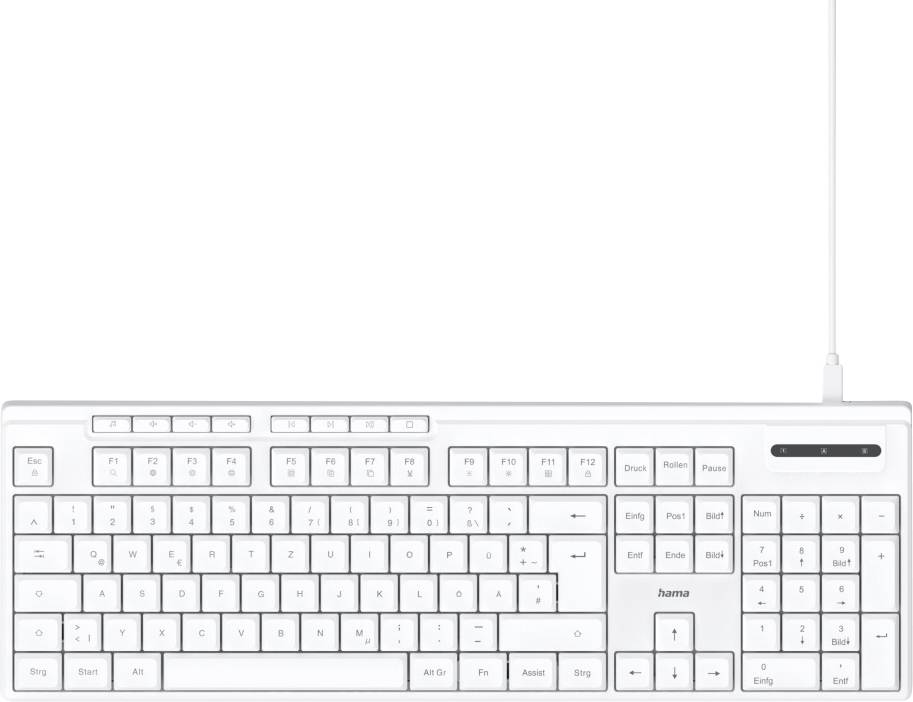 Bílá počítačová klávesnice s německým rozložením QWERTZ, která obsahuje funkční klávesy (F1-F12), numerický blok a USB kabel.