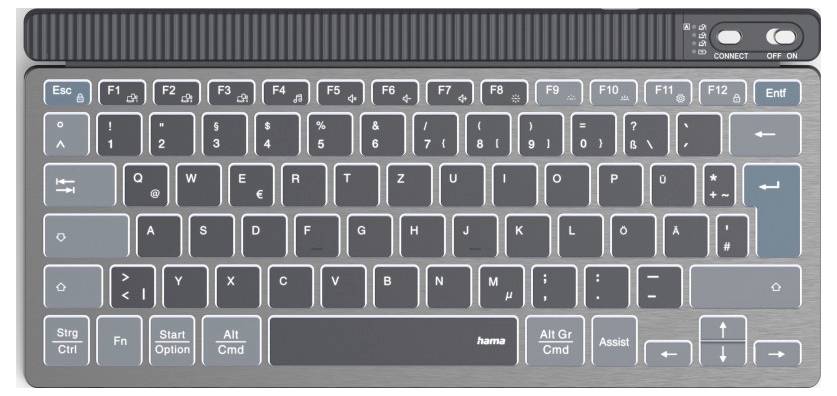Bezdrátová klávesnice s QWERTZ rozložením, funkčními klávesami a spínačem připojení.