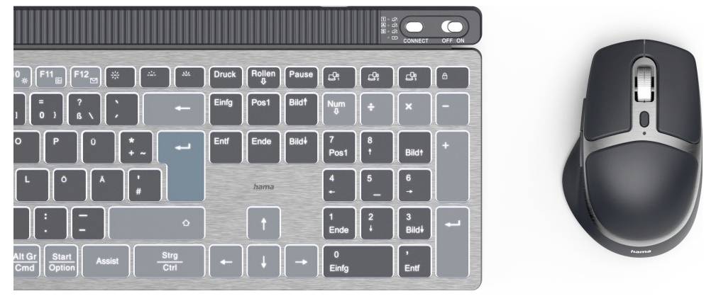 Klávesnice s numerickou klávesnicí vlevo, speciálními funkčními klávesami a bezdrátovou počítačovou myší vpravo. Moderní, ergonomický design.