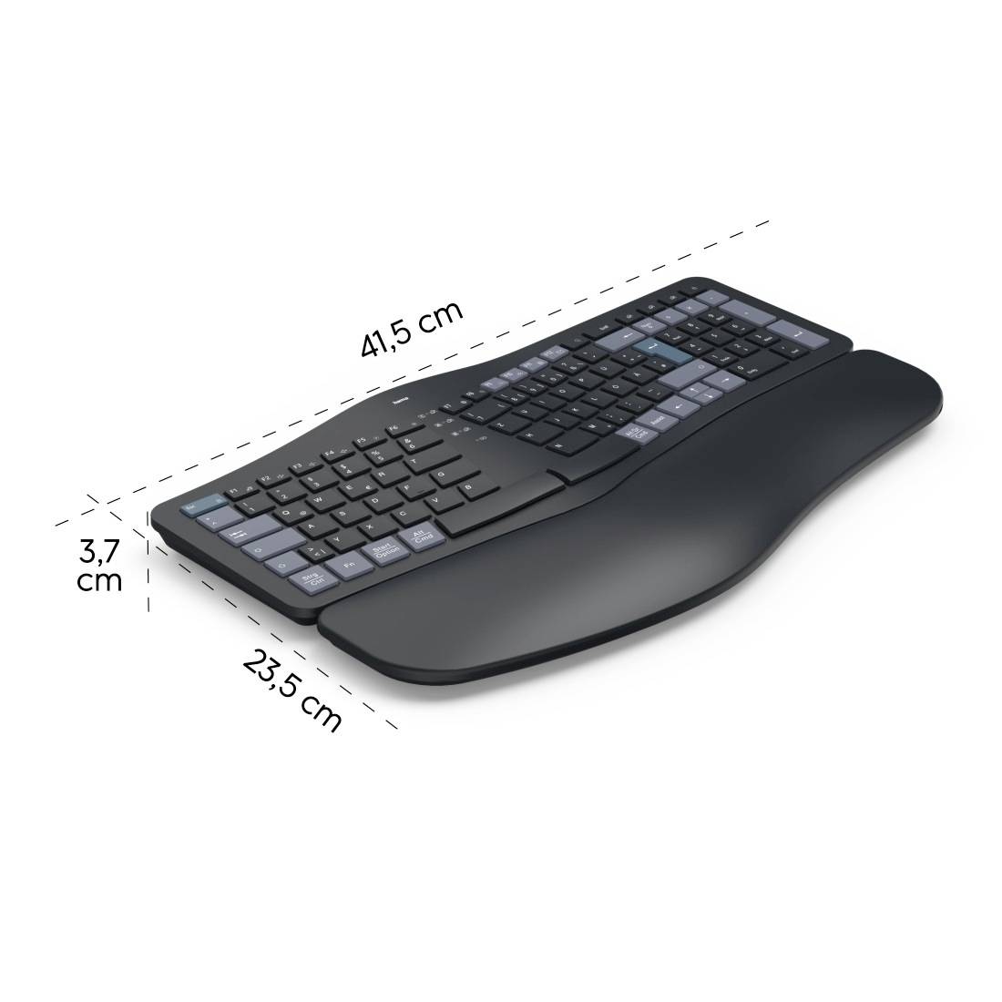 Ergonomická černá klávesnice s prohnutým designem. Rozměry: 41,5 cm délka, 23,5 cm šířka, 3,7 cm výška. Ideální pro pohodlné psaní.