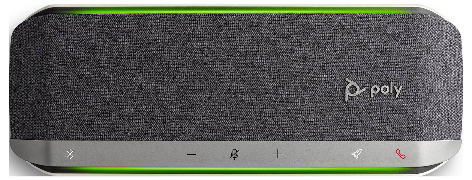 Šedý přenosný reproduktor se zeleným LED osvětlením, s logem značky 'Poly' v pravém horním rohu. Ovládací prvky vpředu: Bluetooth, ztlumení zvuku, zvýšení/snížení hlasitosti, ovládání hovoru.