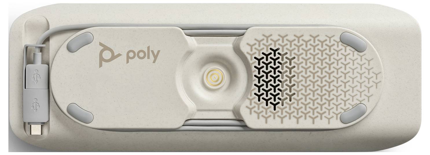Přenosný reproduktor ve světlém pouzdře s integrovaným USB kabelem a mřížkovým designem. Logo 'Poly' viditelné.