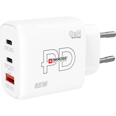 Bílá nabíječka se třemi USB porty, označená '65W' a 'Skross'. Vhodná pro rychlé nabíjení s technologií GaN.