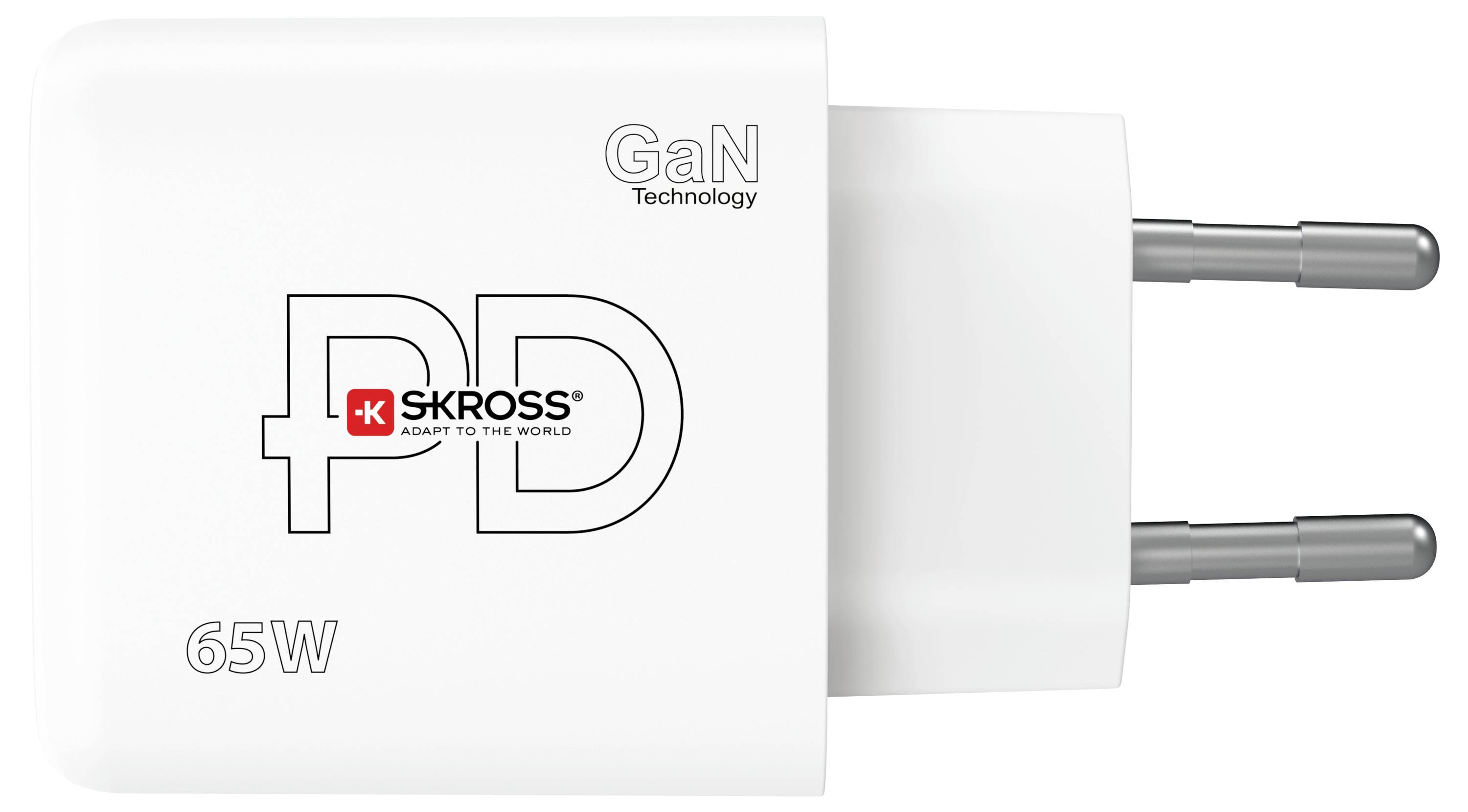 Bílý GaN USB nabíjecí adaptér od SKROSS s Power Delivery, 65W výstupním výkonem a eurokonektorem.