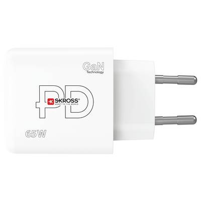 Bílý GaN USB nabíjecí adaptér od SKROSS s Power Delivery, 65W výstupním výkonem a eurokonektorem.
