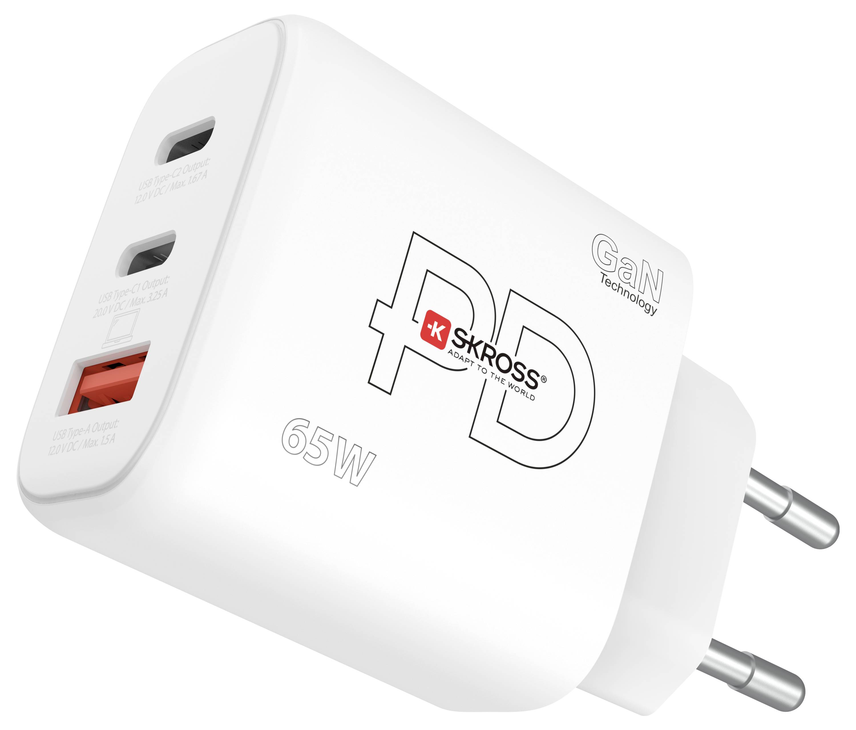 Bílá 65W USB nabíječka s GaN technologií se dvěma USB-C a jedním USB-A portem, značka 'SKROSS', evropská zástrčka.