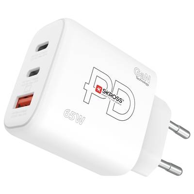 Bílá 65W USB nabíječka s GaN technologií se dvěma USB-C a jedním USB-A portem, značka 'SKROSS', evropská zástrčka.