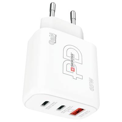 Bílá nabíječka se dvěma USB porty o výkonu 65W. Na zařízení je nápis 'SKROSS' a 'PD 65W', využívá GaN technologie pro rychlé nabíjení.