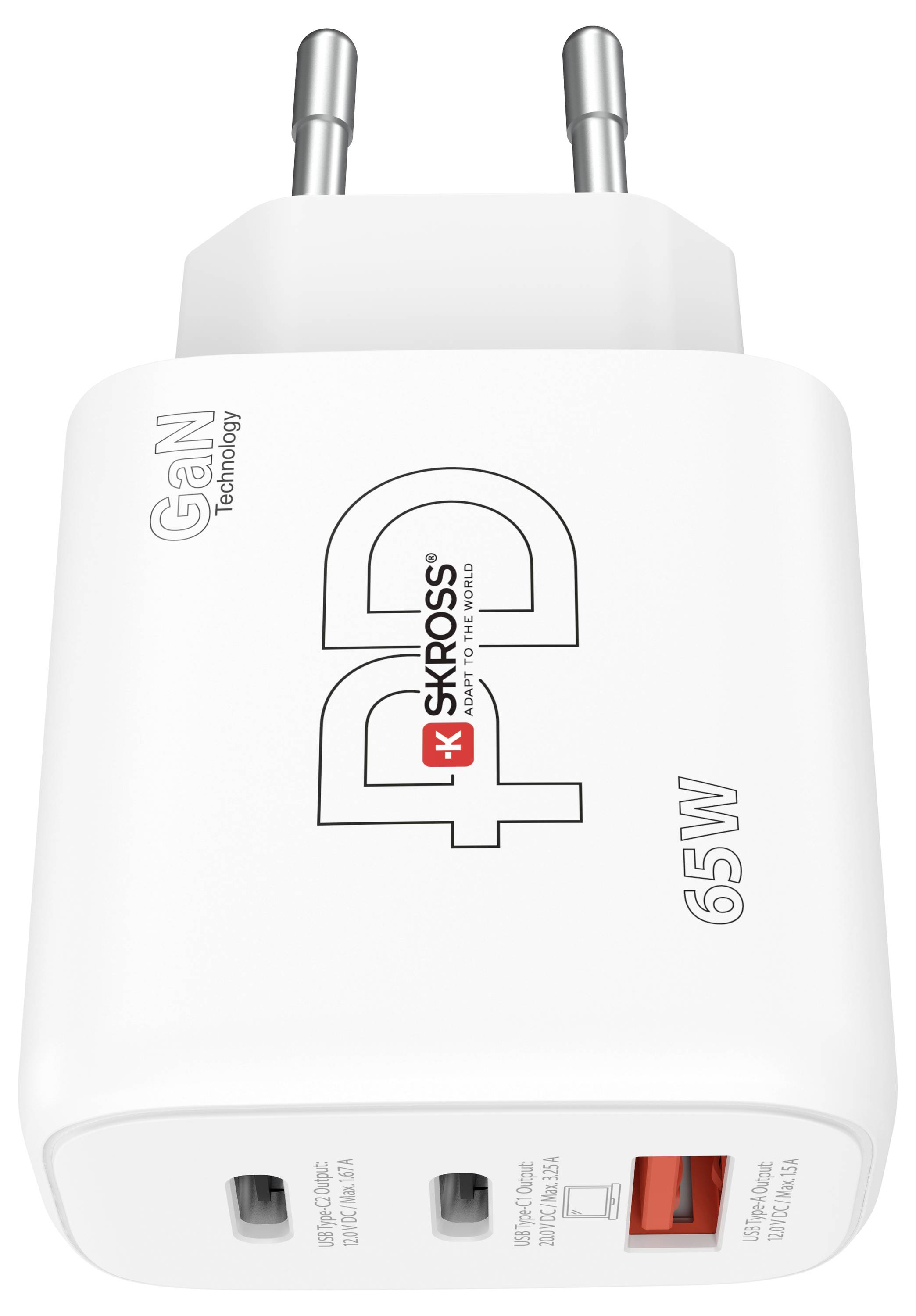 Bílý napájecí adaptér se dvěma zásuvkami a červeným USB portem. Označený štítky 'PD', '65W', 'SKROSS' a 'GaN Technology'.