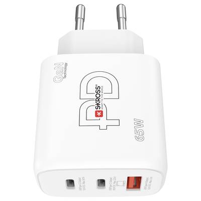 Bílý napájecí adaptér se dvěma zásuvkami a červeným USB portem. Označený štítky 'PD', '65W', 'SKROSS' a 'GaN Technology'.