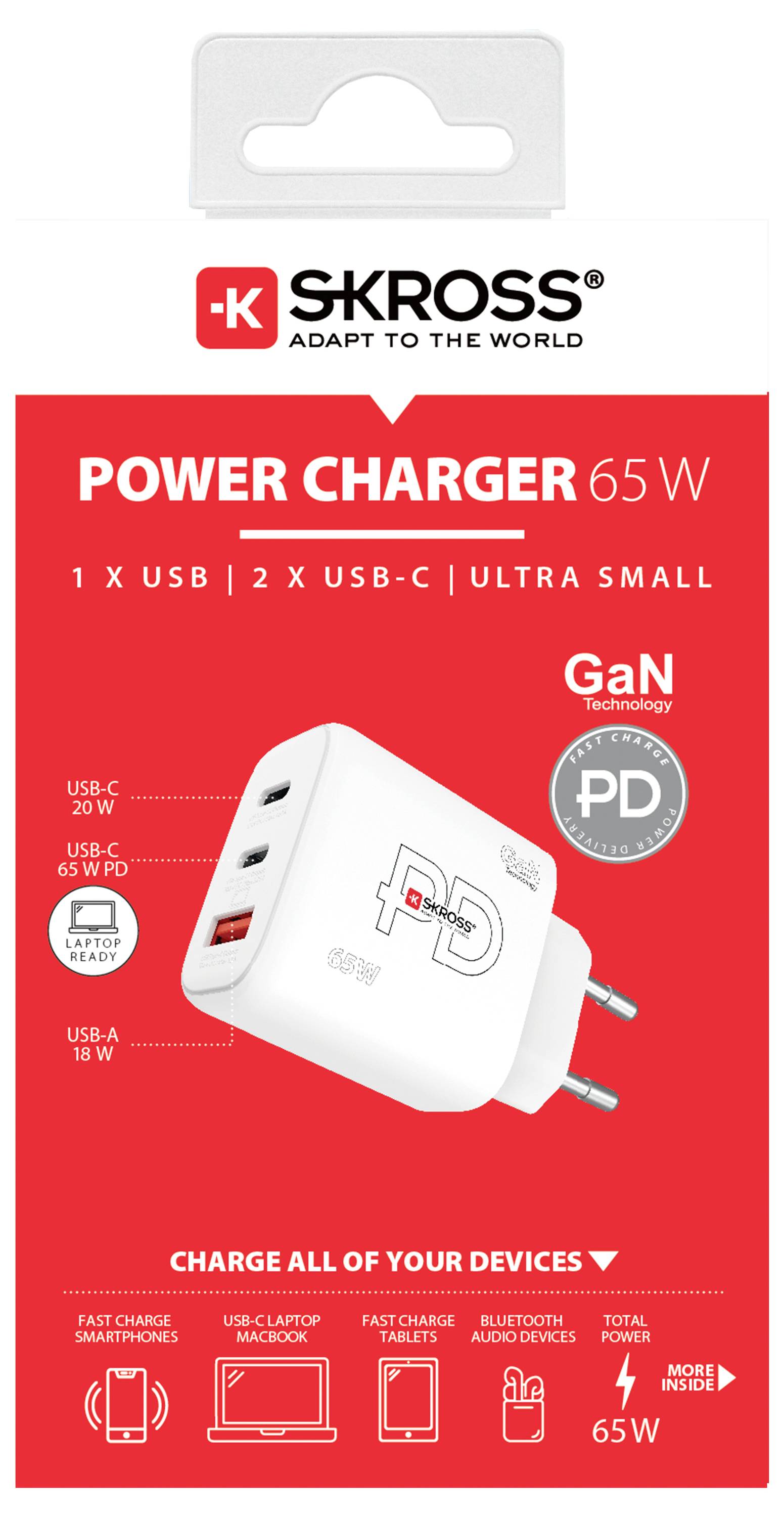 Bílá 65W nabíječka s jedním USB-A a dvěma USB-C porty. Balení zobrazuje logo 'SKROSS' a zdůrazňuje kompaktnost a výkon.