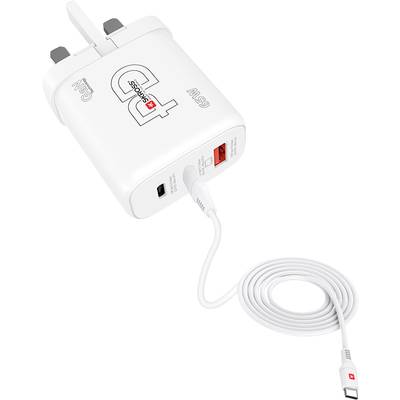 Bílá USB nabíječka s potiskem '65W GaN Tech', dva USB porty (červený a černý) a připojeným bílým kabelem.