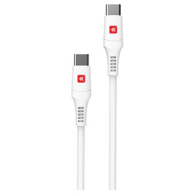 USB-C kabel s logem značky, bílý oplet, kulaté konektory, vhodný pro přenos dat a nabíjení.