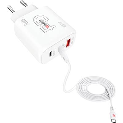 Bílá nabíječka s USB-C a USB-A porty, propojená bílým kabelem. Nápis: 'PD Fast Charger' a '65W'.