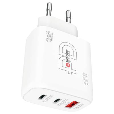 Bílá, kompaktní nabíječka se dvěma USB-C porty a jedním USB-A portem, s výkonem 65W, vhodná pro rychlé nabíjení.