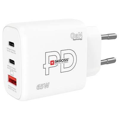 Bílá 65W USB nabíječka se třemi porty: dva USB-C a jeden USB-A. Označená štítky 'SKROSS' a 'GaN Technology'.