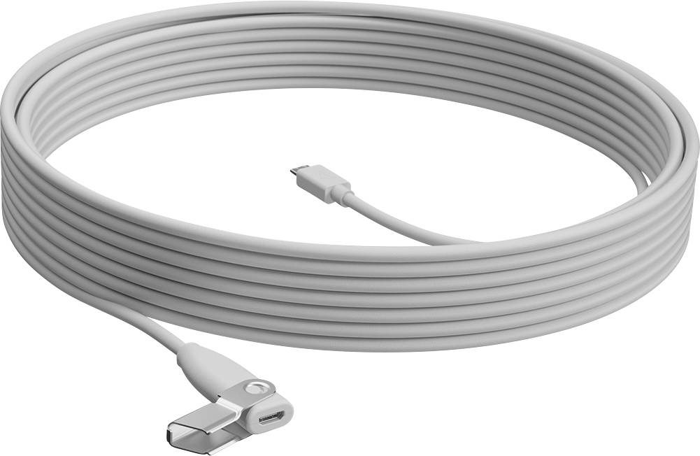Bílý dlouhý kabel USB-C na USB-C s úhlovým konektorem na jednom konci, vhodný pro nabíjení a přenos dat.