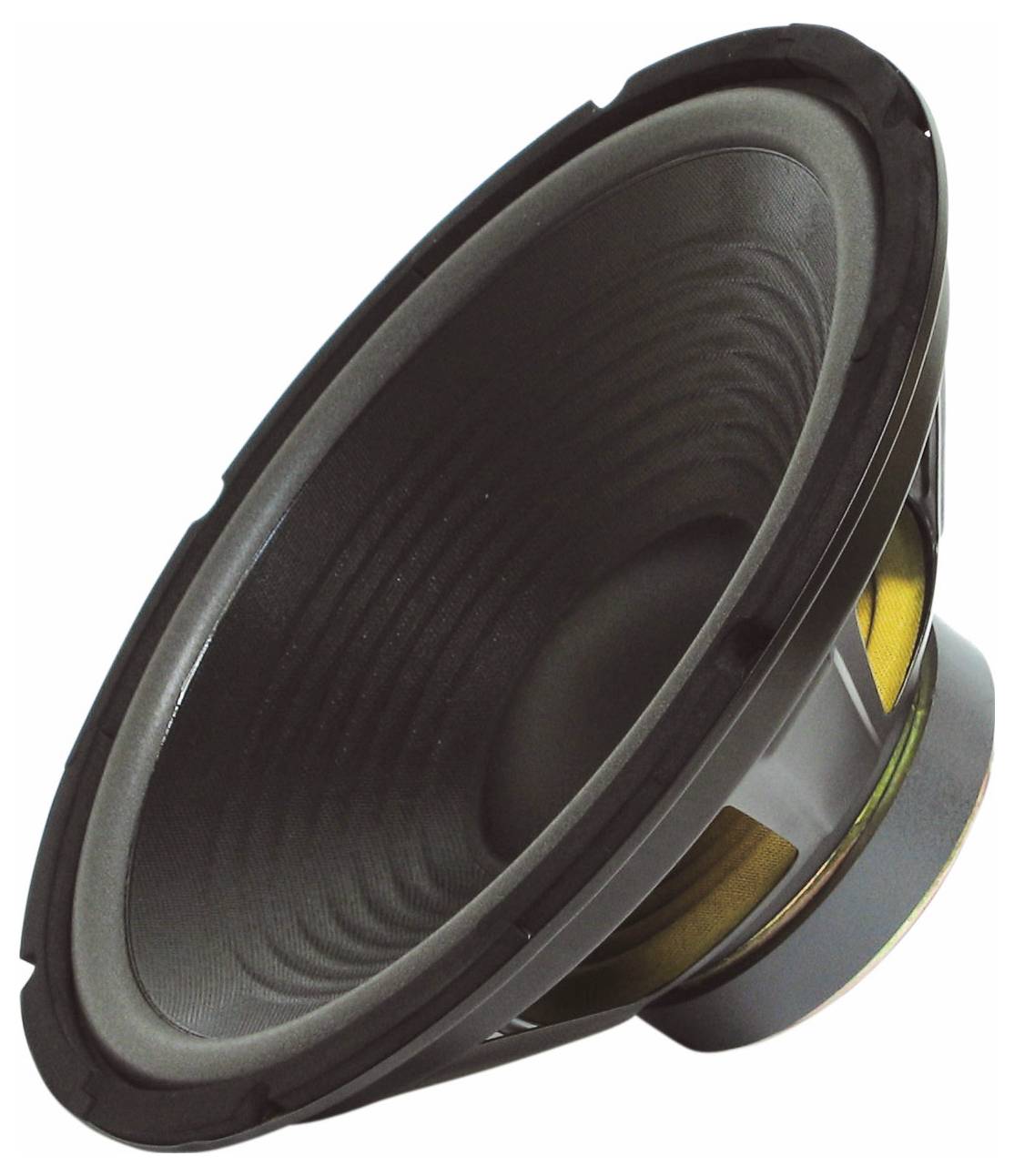 Reproduktorová membrána v detailním záběru, černá s žlutým akcentem uvnitř, zobrazuje diagonální pohled na kuželovitý tvar.