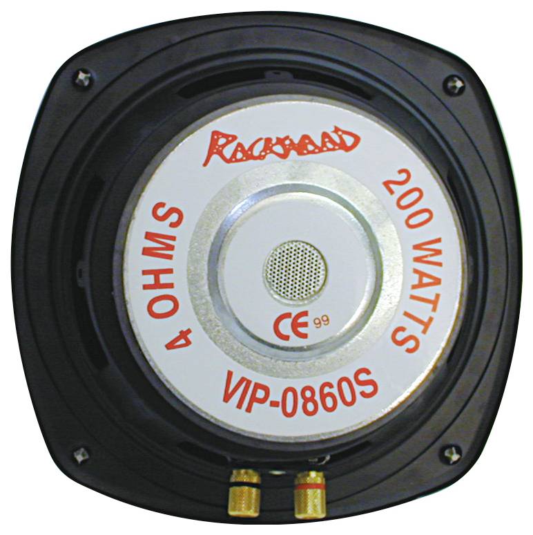 Reproduktor s nápisem '4 OHM 200 WATTŮ VP-0860S'. Hlavní charakteristika: zvýrazněné parametry výkonu a impedance.