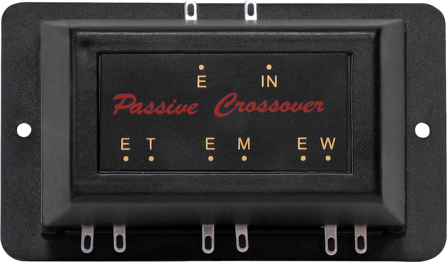 Černá pasivní výhybka s červeným textem 'Pasivní crossover' a písmeny 'E', 'IN', 'ET', 'EM', 'EW', které označují svorky.