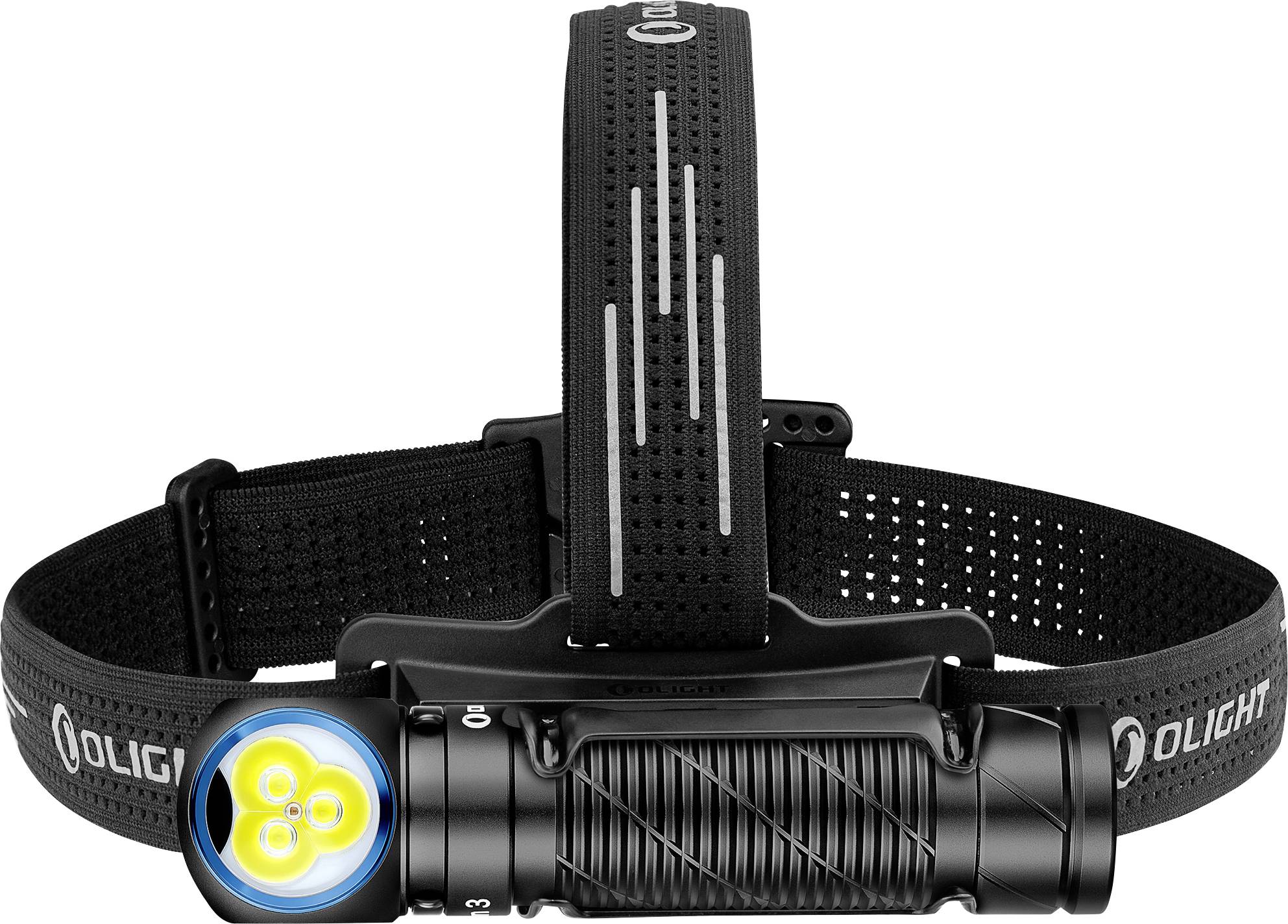 Černá čelová svítilna s nastavitelným popruhem a třemi žlutými LED diodami v čelním pohledu, vhodná pro outdoorové aktivity ve tmě.