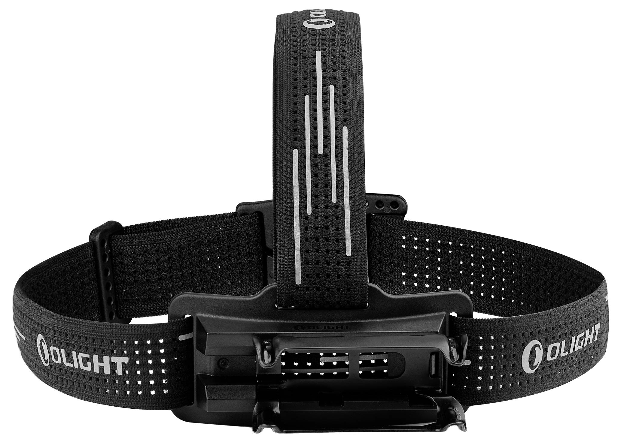 Černá čelovka s nastavitelným páskem a reflexními pruhy, viditelné firemní logo 'Olight'. Ideální pro outdoorové aktivity.