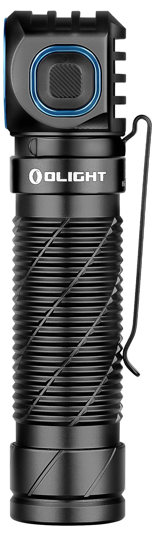 Černá svítilna s texturovanou rukojetí a klipem na straně. Na povrchu je vytištěno logo značky 'OLIGHT'.