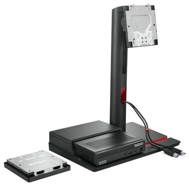 Stojan počítače ThinkCentre s vyjímatelným držákem pevného disku a připojovacími kabely, primárně určený pro ukládání dat a připojení.