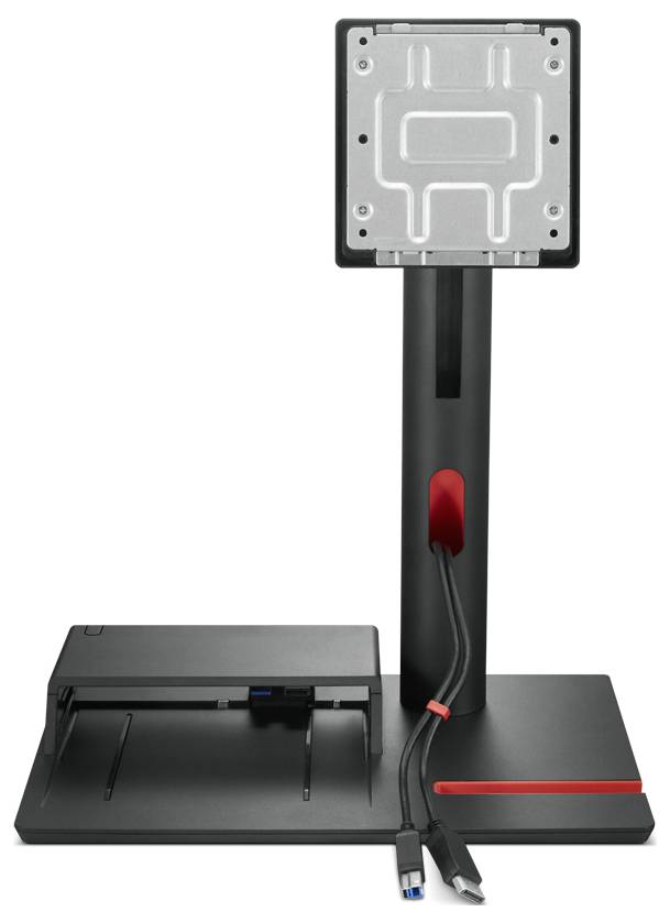 Stojan na monitor se dvěma USB kabely. Černý design, kovová konzole nahoře, průchod kabelů uprostřed.