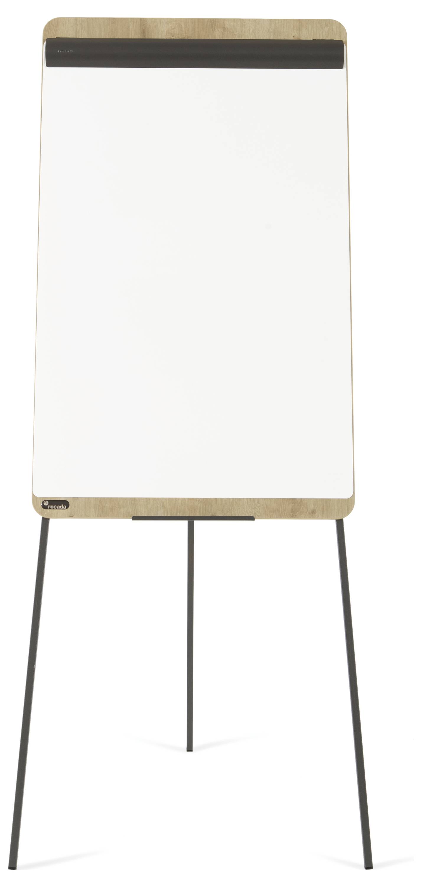 Prázdný flipchart na kovovém stojanu.