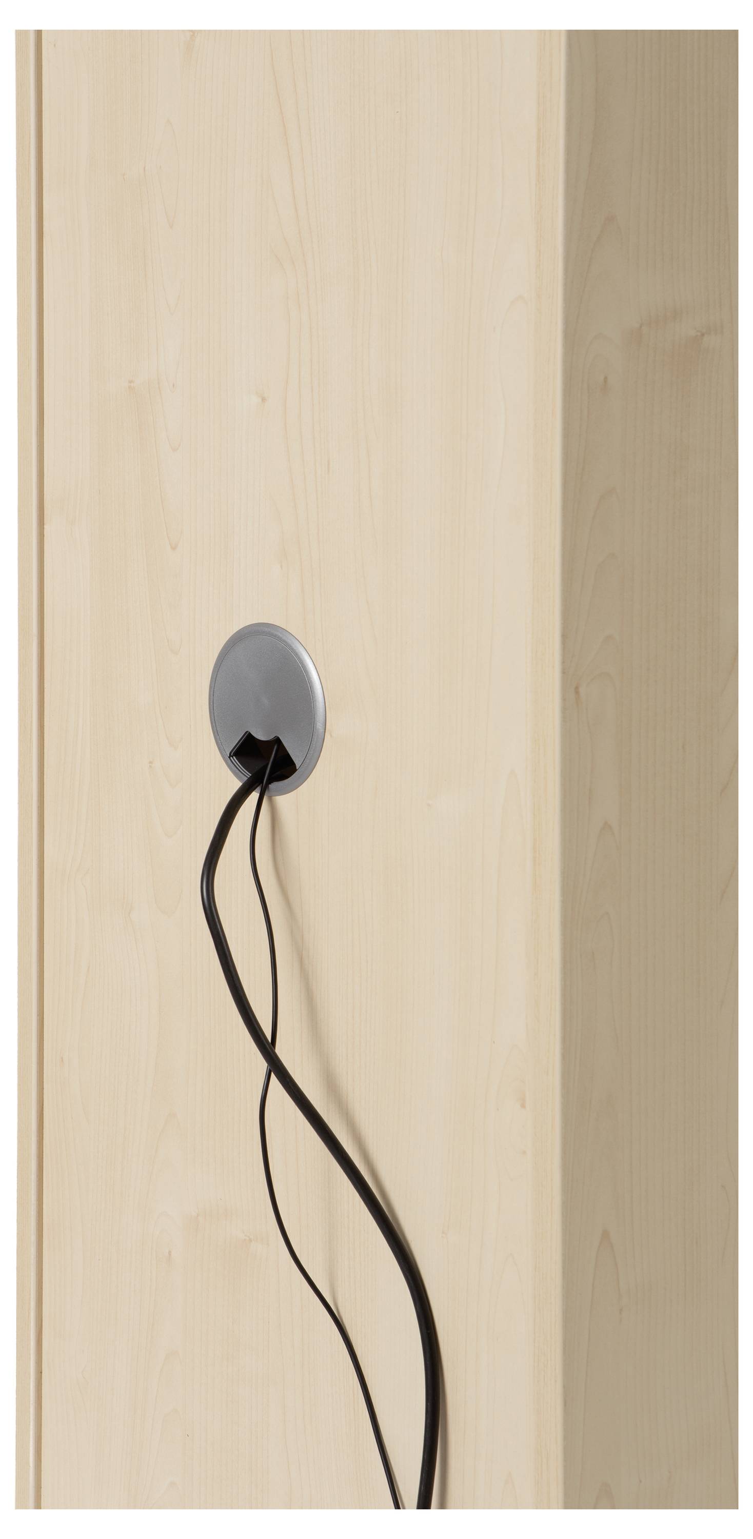 Dřevěný nábytek se světle hnědým povrchem, z něhož vede elektrický kabel z kulaté kovové zásuvky.