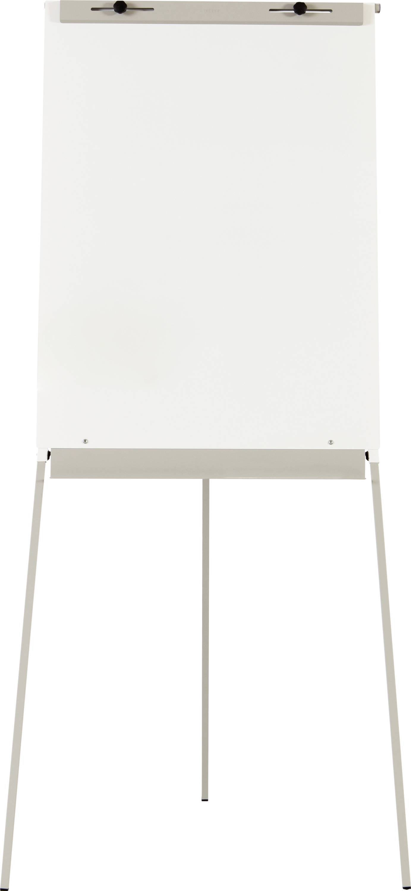 Obrázek zobrazuje prázdný flipchart umístěný na kovovém stojanu, připravený k popsání nebo pro prezentace.
